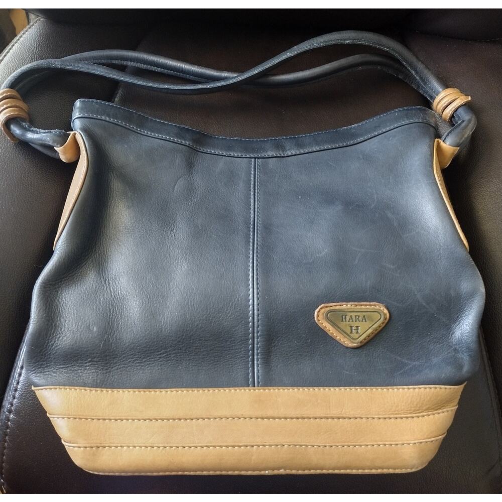 Vintage HARA H Navy Blue Leather Bucket Bag Hobo Shoulder Purse Tan Trim Accent